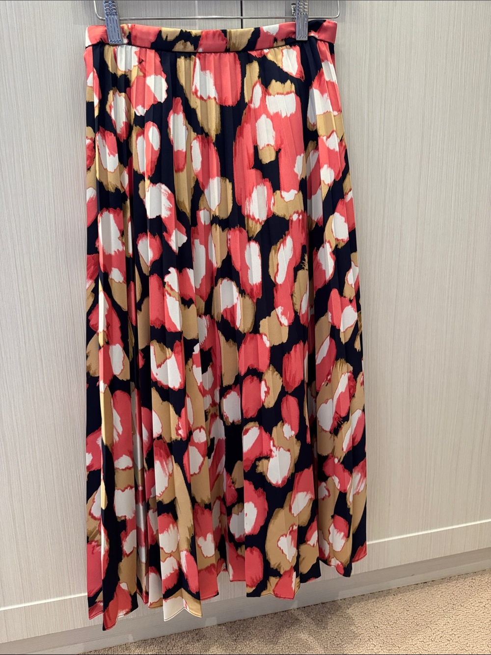 J. Crew Pleated Midi Skirt in Coral, Navy & Cream